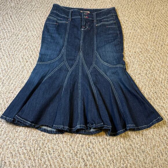 Vintage Y2K Candies Long Denim Jean Skirt Mermaid Fit Flare Size 9 Western Fall - Picture 1 of 7